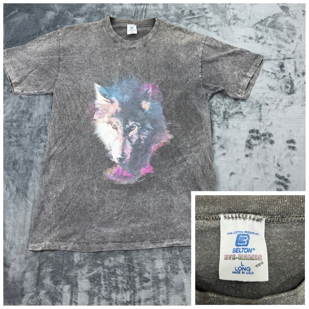 Vintage Belton‎ Dye-Namic Wolf T Shirt Mens L Gray Acid Wash Single Stitch USA